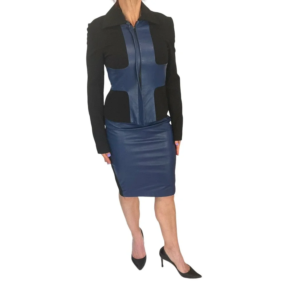 ROBERT RODRIGUEZ  SCUBA NAVY LEATHER COLORBLOCK MOTO JACKET SKIRT SUIT SET 2/4